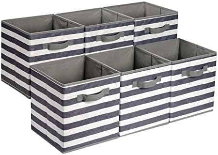 Amazon Basics Collapsible Fabric Storage Bins with Handles, Cube Organizer for Home Organization, 10.5"x10.5"x11", White/Light Grey Stripe, 6-Pack by AmazonBasics