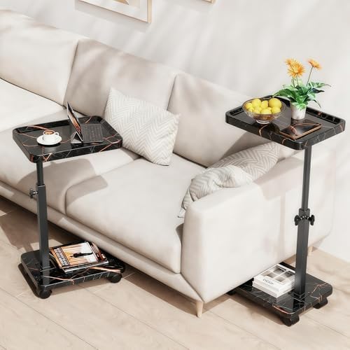 C Table End Table Adjustable Height, 360°Swivel TV Tray Table for Small Spaces, Side Tables with Wheels for Living Room and Bedroom, Bed (Black-15.7 x 11.8 inches) (Pack of 2) - Image 2