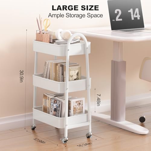 EAGMAK 3 Tier Rolling Cart Under Desk, Large Metal Storage Cart with Handle and Lockable Wheels, Big Multifunctional Storage Organizer Trolley for Kitchen, Living Room, Office, Garage (White) - Image 2