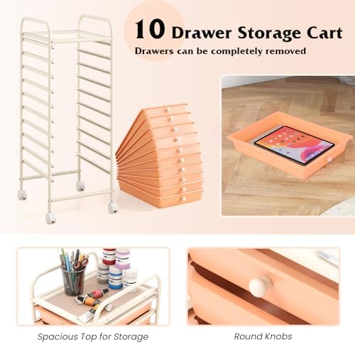 10-Drawer Rolling Storage Cart, Trolley w/Lockable 360° Wheels, 10 Removable PP Drawers, Sturdy Metal Frame, Rolling Utility Cart Perfect for Home, Office, Classroom (Peach Fuzz) - Image 4