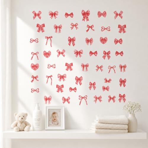 60Pcs Watercolor Bowtie Wall Stickers - Coquette Aesthetic Vinyl Decals for Room Decor in Light Pink, Sky Blue, Mint Green, Lavender Peel and Stick Nursery, Bedroom, Kindergarten Wall Art (Red) by Unknown