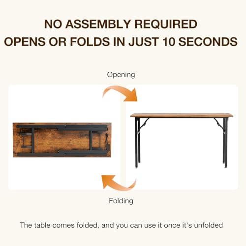 1TEMI Long Computer Desk Folding Table - No Assembly, Compact 55.1" Foldable Desk with Power Outlets & USB Charging Port, Portable Lagre Office Desk, Ideal Large Study Table for Narrow Spaces, Brown - Image 4