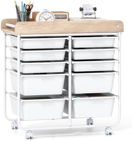 Giantex Rolling Storage Cart with 10 Drawers, Utility Cart w/Wooden Tabletop, Handle, Lockable Wheels, Multipurpose Organizer for Art Craft Scrapbooks Paper, Drawer Carts for Dorm School Office, White by Giantex