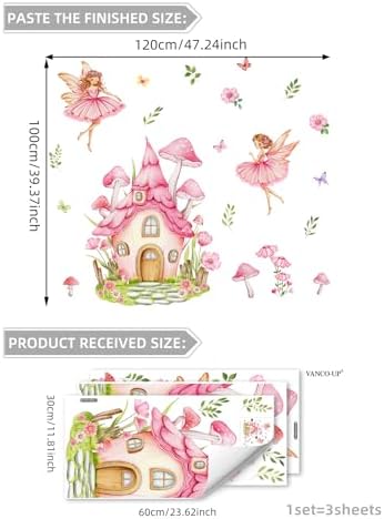 Pink Fairy Mushroom Wall Stickers Decal - Cottage Butterfly Flower Peel & Stick Removable Art Decoration Wall Decor for Girls Bedroom Kids Room Nursery Playroom,100 cm x120 cm - Image 4