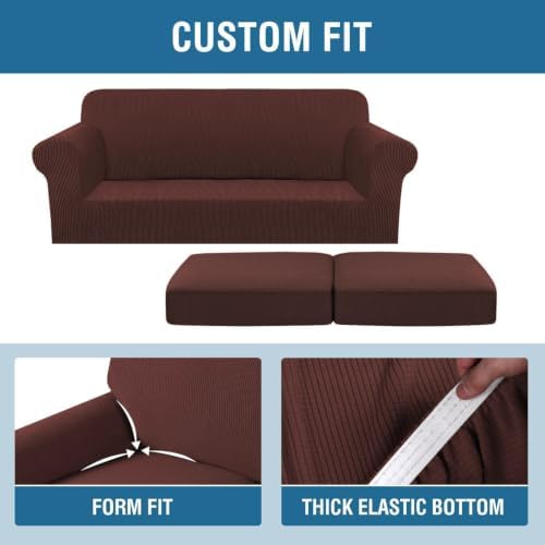 H.VERSAILTEX 3 Piece Stretch Sofa Covers for 2 Cushion Sofa Couch Covers for Living Room Sofa (Base Cover Plus 2 Seat Cushion Covers) Thicker Jacquard Fabric (Large Sofa, Burnt Brick) - Image 4