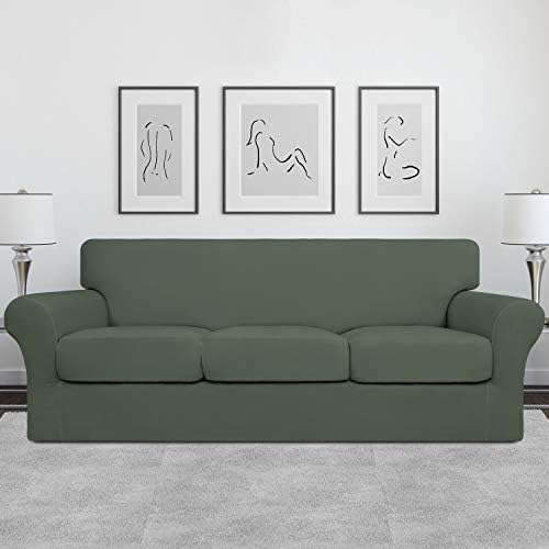 Easy-Going 4 Pieces Stretch Soft Couch Cover for Dogs - Washable Sofa Slipcover for 3 Separate Cushion Couch - Elastic Furniture Protector for Pets, Kids (Sofa, Greyish Green, Large) - Image 2