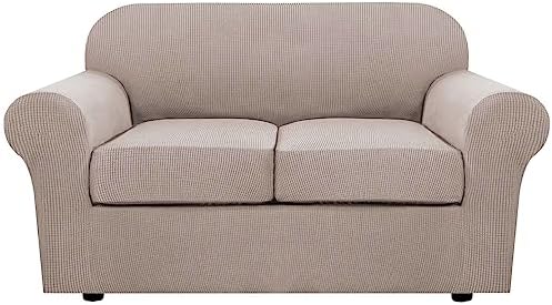 H.VERSAILTEX 3 Piece Stretch Sofa Covers for 2 Cushion Loveseat Couch Covers for Living Room Furniture Cover (Base Cover Plus 2 Seat Cushion Covers) Thicker Jacquard Fabric(Medium Sofa, Sand) by HVERSAILTEX