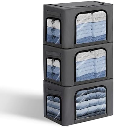 GuliPostan 3 Pack 40L Stackable Clothes Storage Bins with Metal Frame Handles & Zipper, Collapsible Closet Organizer Box with Lid for Bedding Blankets Towel (Dark Grey) by Unknown