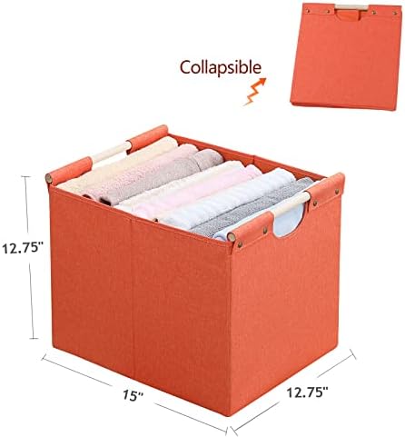 HOONEX Large Collapsible Storage Bins, Linen Fabric, Pack of 2, Storage Baskets with Wooden Carry Handles and Sturdy Heavy Cardboard, for Home, Office, Car, Nursery, Orange - Image 7