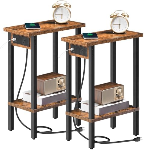 HOOBRO Narrow Side Tables, Set of 2, 2-Tier Slim End Tables with Charging Station, Skinny Nightstands with Open Storage, for Small Spaces, Living Room, Bedroom, Rustic Brown and Black BF240UBZP201 by HOOBRO