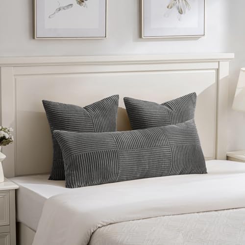 Fancy Homi 2 Packs Dark Gray Decorative Throw Pillow Covers 20x20 Inch for Living Room Couch Bed Sofa, Farmhouse Boho Home Decor, Soft Corss Corduroy Patchwork Accent Square Cushion Case 50x50 cm - Image 5