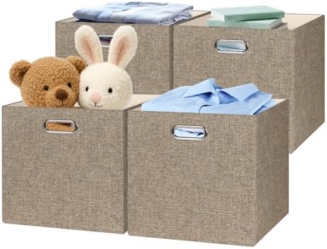 Posprica Collapsible Storage Bins,13×13 Foldable Storage Cube Boxes Fabric Drawer Fabric Storage Bins Vinyl Record Light Coffee, 4 Pack by Posprica