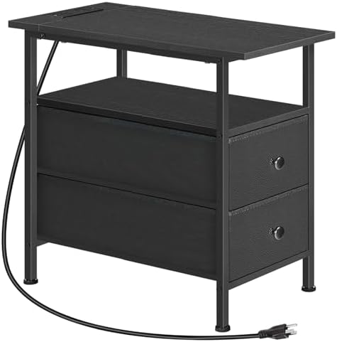 HOOBRO End Table with Charging Station, Narrow Side Table, Nightstand with 2 Non-Woven Drawers, Slim Sofa Side Table, for Small Spaces, Living Room, Bedroom, Black BB486UBZ01 by HOOBRO
