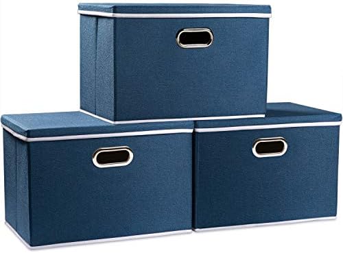 PRANDOM Large Collapsible Storage Bins with Lids [3-Pack] Fabric Foldable Storage Boxes Organizer Containers Baskets Cube with Cover for Home Bedroom Closet Office Royal Blue(17.7x11.8x11.8) by Prandom
