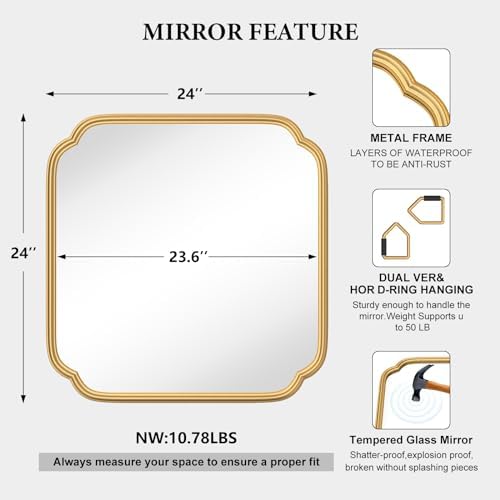 Ferytange Gold Bathroom Mirror for Wall 24" x 24" Modern Rounded Corner Square Mirror with Non-Rusting Iron Metal Framed Bathroom Vanity Mirror for Over Sink Wall Decor Horizontal/Vertical - Image 4