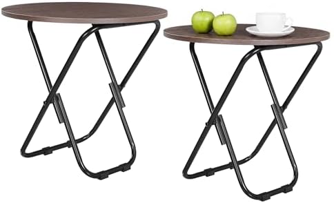 VECELO 17.7" Small Folding Table Set of 2,Round Patio Outdoor Side Table, Foldable Wooden Table with Weather Resistant Steel Frame, Patio Table for Camping Picnic Garden Small Space by VECELO
