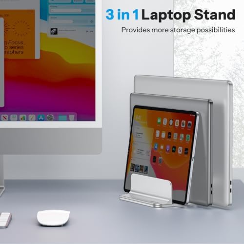 OMOTON 3-Slot Multiple Vertical Laptop Stand, Fits MacBook, Bright Silver - Image 7