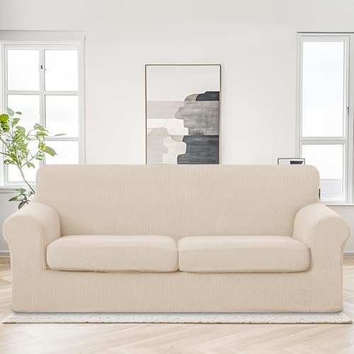 U-NICE HOME 3 Pieces Stretch Couch Cover Sofa Slipcover, Beige - Image 2