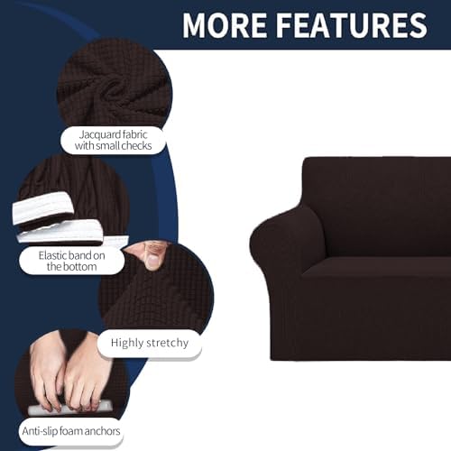 Cupuamon 2026 New Stretch Loveseat Sofa Slipcovers Couch Cover for 2 Cushion Furniture Protector Sofa Covers with Elastic Bottom Jacquard Fabric Small Checks for Pets, Kids - Chocolate - Image 4
