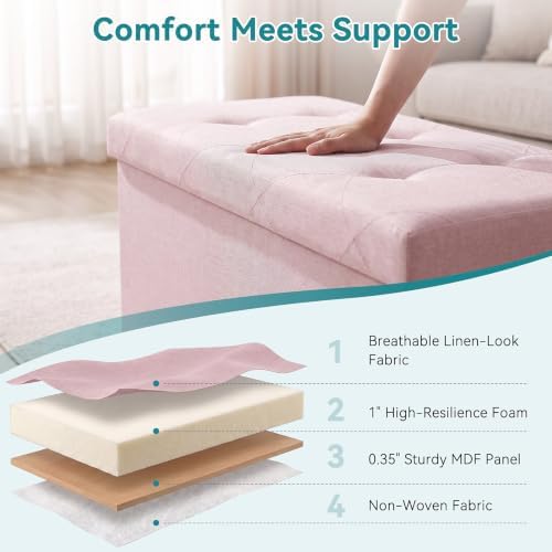 OLIXIS 43 Inch Folding Storage Ottoman Bench, Pink Ottoman with Storage - Image 6
