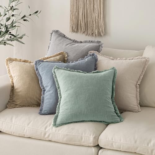 MIULEE Boho Linen Fringe Decorative Throw Pillow Covers Aqua Green 18x18 - Image 5
