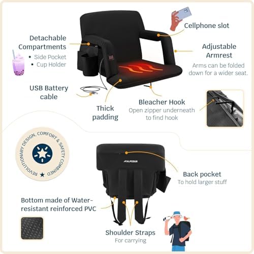 Alpcour Heated Reclining Stadium Seat for Bleachers – Wide Bleacher Chair with Back Support and Cushion, Armrests, Side Pockets, & Hook – Stadium Seats Chairs for Camping, Kayak, Paddle Board & More - Image 6