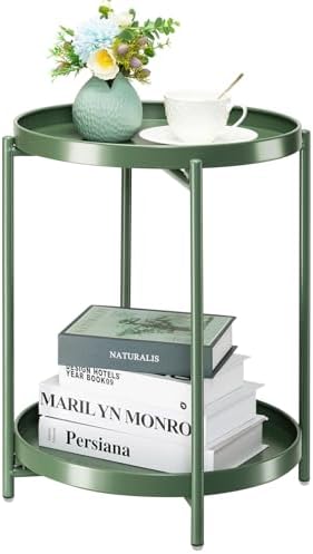 danpinera 2 Tier Metal Side Table with Removable Tray, Folding End Table Outdoor Small Accent Table, Anti-Rust Green Nightstand for Bedroom Balcony Patio, Set of 2 (Dark Green) by danpinera