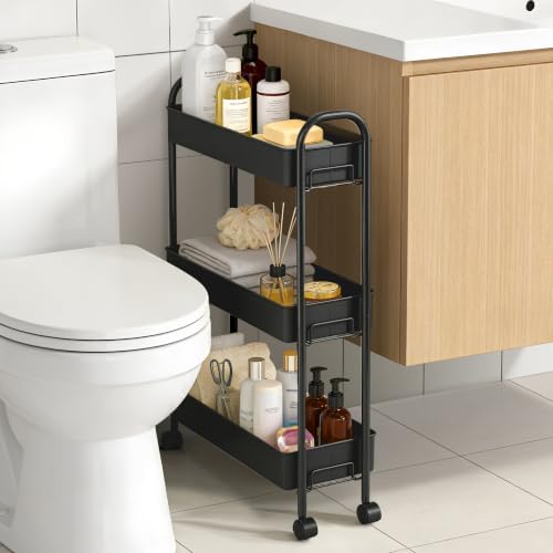 Slim Rolling Cart, Metal Frame Utility Rolling 3-Tier Narrow Storage Cart - Image 5