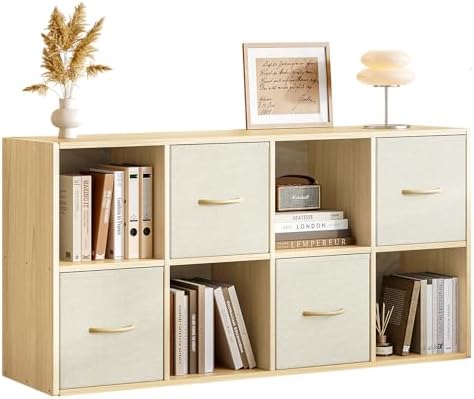 EXPERLAM 8 Cube Storage Organizer - Solid Wood Bookshelf with 4 Storage Bins, Cube Shelf with 2 Removable Back Panels, Vertical or Horizontal Bookcase, Open Book Shelf for Bedroom, Living Room, Office by EXPERLAM