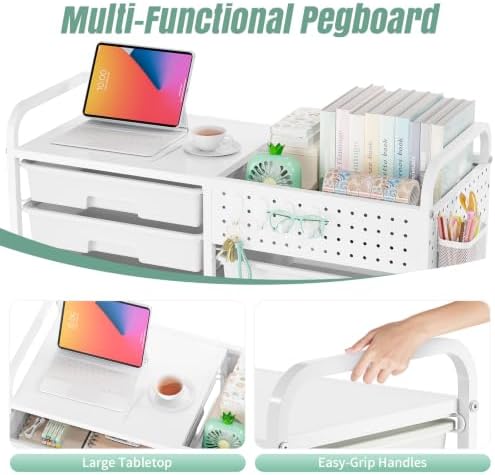 14 Drawer Rolling Storage Cart with Tabletop and Pegboard for Crafts Green - Image 7