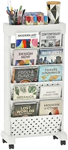 6-Tier Rolling Bookshelf Magazine Rack with Wheels White by yeavs