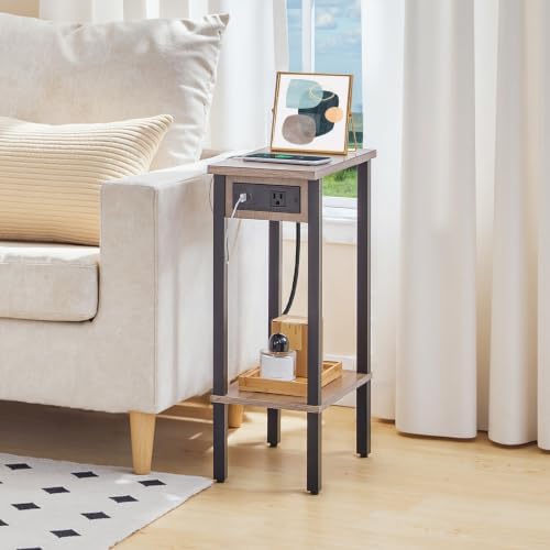 HOOBRO Narrow Side Table, 2-Tier Slim End Table with Charging Station, Skinny Nightstand with Open Storage, for Small Spaces, Living Room, Bedroom, Study, Greige and Black BG240UBZ01 - Image 2