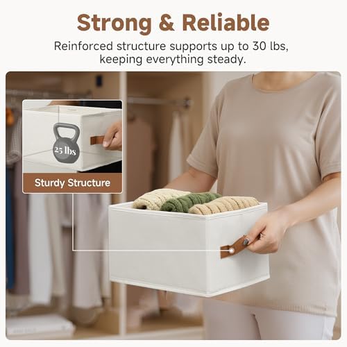 StorageWorks Closet Storage Bins with PU Handles, Ivory White, Small - Image 5