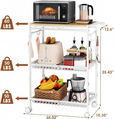 Microwave Kitchen Cart, White Kitchen Shelf with Push Handle, 3 Tier Rolling Microwave Table Stand with 2 Lockable Wheels for Bakers Rack, Kitchen Island, Small Coffee Station - Image 2