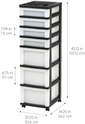 IRIS USA 2 Pack 7-Drawer Plastic Storage Rolling Organizer Cart with Caster Wheels for Laundry Room, Bathroom, or Closet Dresser Storage, Black/Clear - Image 3