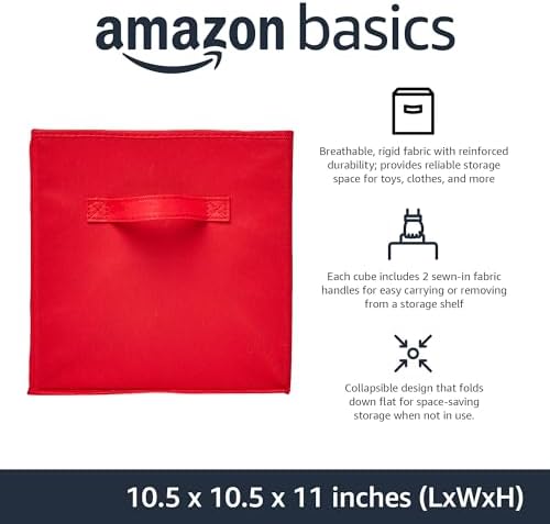 Amazon Basics Collapsible Fabric Storage Bins with Handles, Cube Organizer, Home Organization, 10.5"x10.5"x11", Red, 6-Pack - Image 2