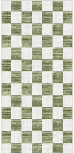Front Door Mat Indoor Entrance - 2x4.3 Ft Green White Checkered Rug - Image 7
