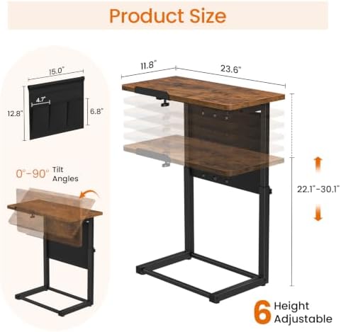 Giikin TV Tray Table, 23.6" Extra Large Side Table, Adjustable Height TV Trays for Eating on Couch, 90° Tilt Angle Foldable C-Shaped End Table with Storage for Small Spaces Sofa Bed Dinner - Image 2