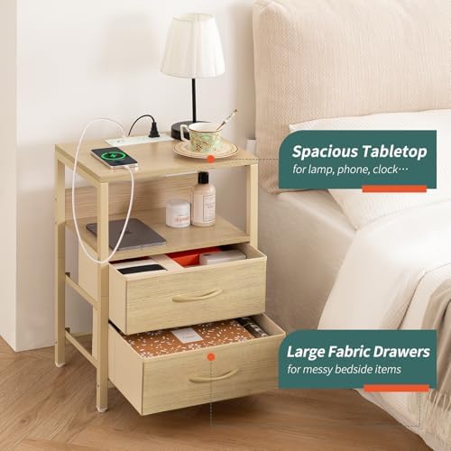 Yoobure Nightstand with Charging Station, Small Night Stand with Fabric Drawers and Storage Shelf for Bedrooms, Nightstands for Small Spaces, Bedside Table with USB Ports & Outlets, Bed Side Table - Image 5