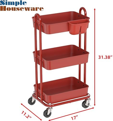 Simple Houseware 3-Tier Rolling Utility Cart with Hanging Bucket, Red - Image 2