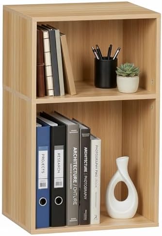 YAHARBO 2 Cube Bookshelf, Natural Record Player Stand with Vinyl Storage Up to 100 Albums, Horizontal Book Shelf, Small Cubby Bookcase with Storage Organizer, Turntable Stand for Living Room, Bedroom by YAHARBO