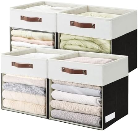 Bagnizer Storage Cubes, 4 Pack Linen Foldable Storage Bins with Clear Window and 2 Handles, 13x15x13 Storage Cube Bins for Shelf Closet, Kallax, Clothes, Books - (Black / Off-White) by Bagnizer