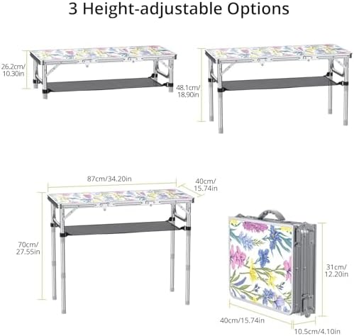 Anbte 3ft Folding Camping Table, 3 Adjustable Height Max 27.5",Floral Bloom - Image 3
