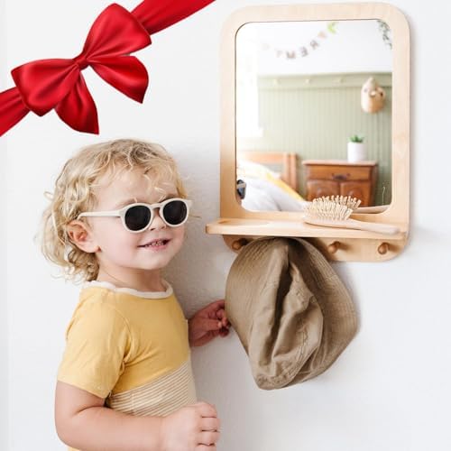 Montessori Wooden and Acrylic Wall Mirror with Hooks for Toddlers - Entryway Mirror with Hooks and Shelf Organizer Self-Care Station - Image 2