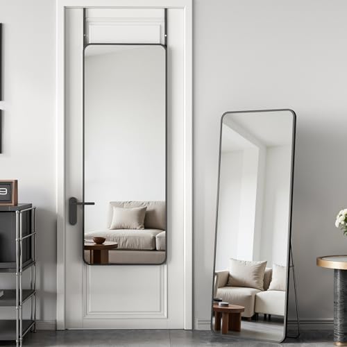 Antok Over The Door Mirror Full Length, 49'' x 14''Wall Mounted Hanging Mirror, Aluminum Alloy Frame, Shatterproof Glass, No Drill Installation for Bedroom, Closet, Bathroom, Dorm, Round Corner,Black by AntokMirror