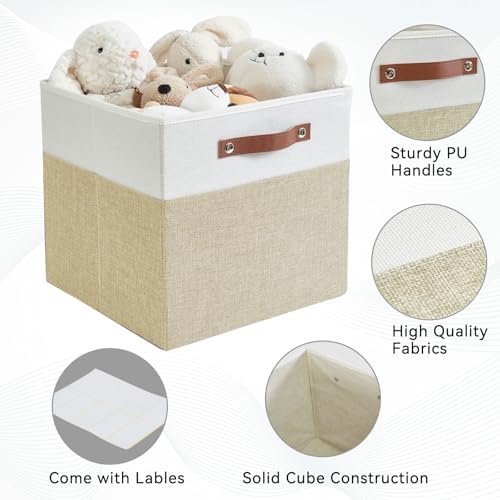 Bagnizer Collapsible Fabric Storage Cube Bins with 2 Reinforced PU Handles, Foldable Storage Organizer Baskets for Closet, Shelves, Living Room | 13"x13"x13", 4 Pack, Beige & White - Image 3