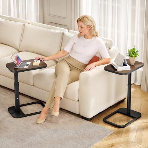 Kitstorack Adjustable Height C-Shaped End Table, 9-Level Side Table with Thickened Metal Rounded Edge, Couch Table Slides Under Sofa or Bed, Eating, Working, TV Tray Table for Small Spaces, Espresso - Image 2