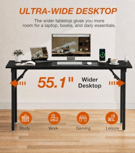 XBurmo Small Folding Desk Folding Table, No Assembly Foldable Desk Gaming Desk, 55.1-Inch Computer Table Workstation with 2 AC Outlets and 2 USB Ports for Bedroom and Home Office, Dark Oak - Image 6