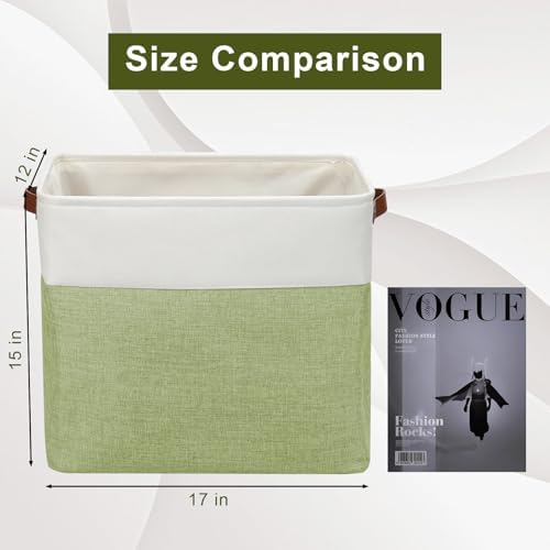 Bagnizer Large Fabric Storage Baskets | 50L Storage Bins, Decorative Linen Closet Baskets with Handles for Organizing, Shelf, Toys, Clothes, Home, Office, Nursery, 17x12x15Inches (Green&White) - Image 3