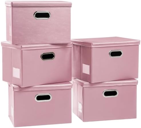 PRANDOM Large Stackable Storage Bins with Lids [5-Pack] Leather Fabric Foldable Storage Boxes Organizer Containers Baskets Cube with Cover for Bedroom Closet Office Nursery Pink (17.7x11.8x11.8) by Prandom